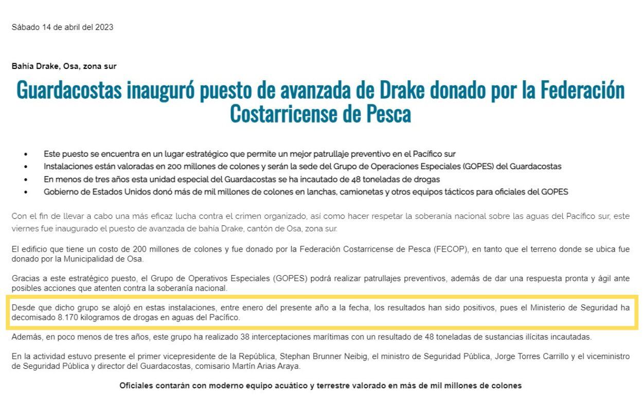 El comunicado de prensa N. CP-0213-2023 del MSP, con fecha del 14 de abril de 2023, detalla que se incautaron 8.170 kilos de drogas. (Foto: tomada del sitio web MSP)