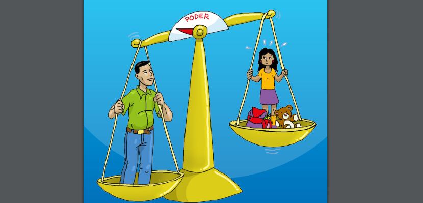 Una caricatura con una balanza. En la parte de más peso está un hombre adulto, en la de menos, una adolescente.