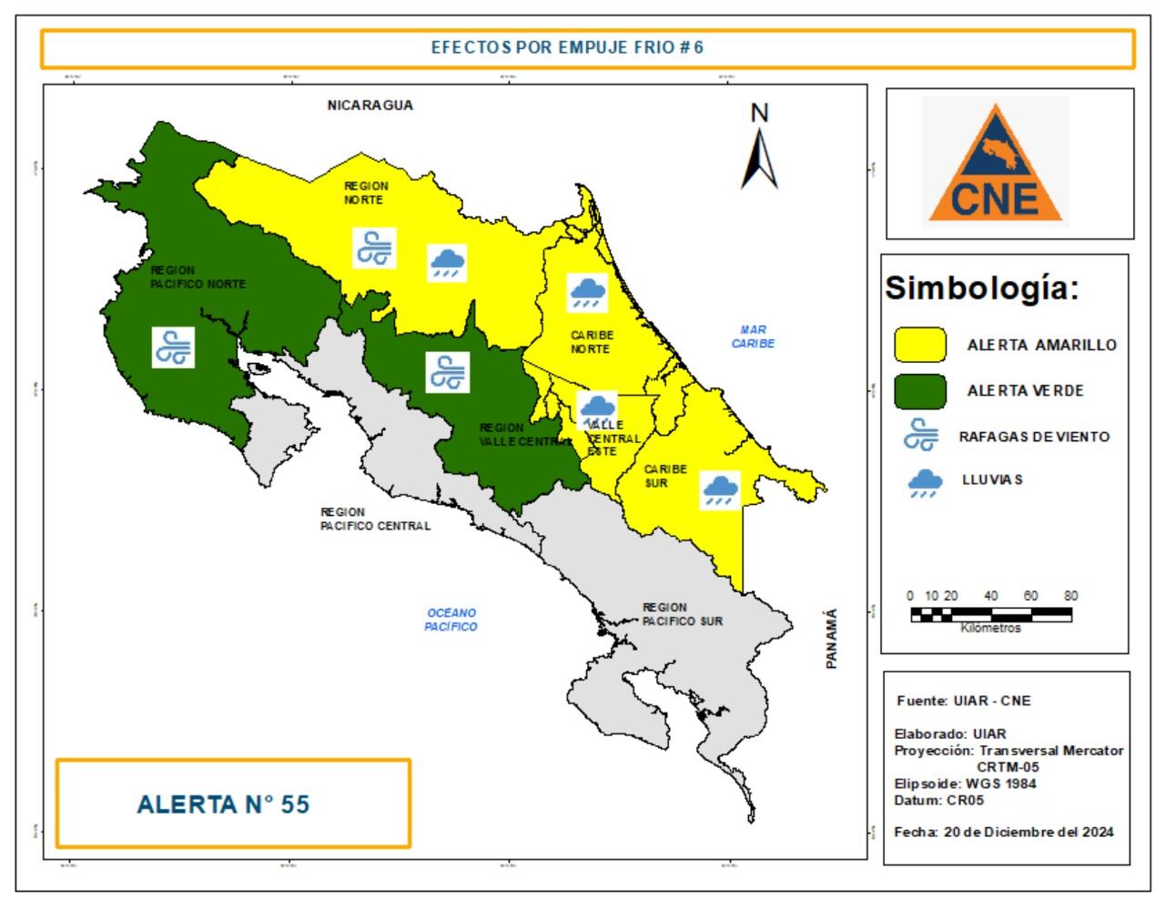 Este viernes la CNE elevó el nivel de alerta de verde a amarilla en Limón, la zona norte y cinco cantones de Cartago, pues se esperan lluvias el fin de semana. Imagen: CNE.