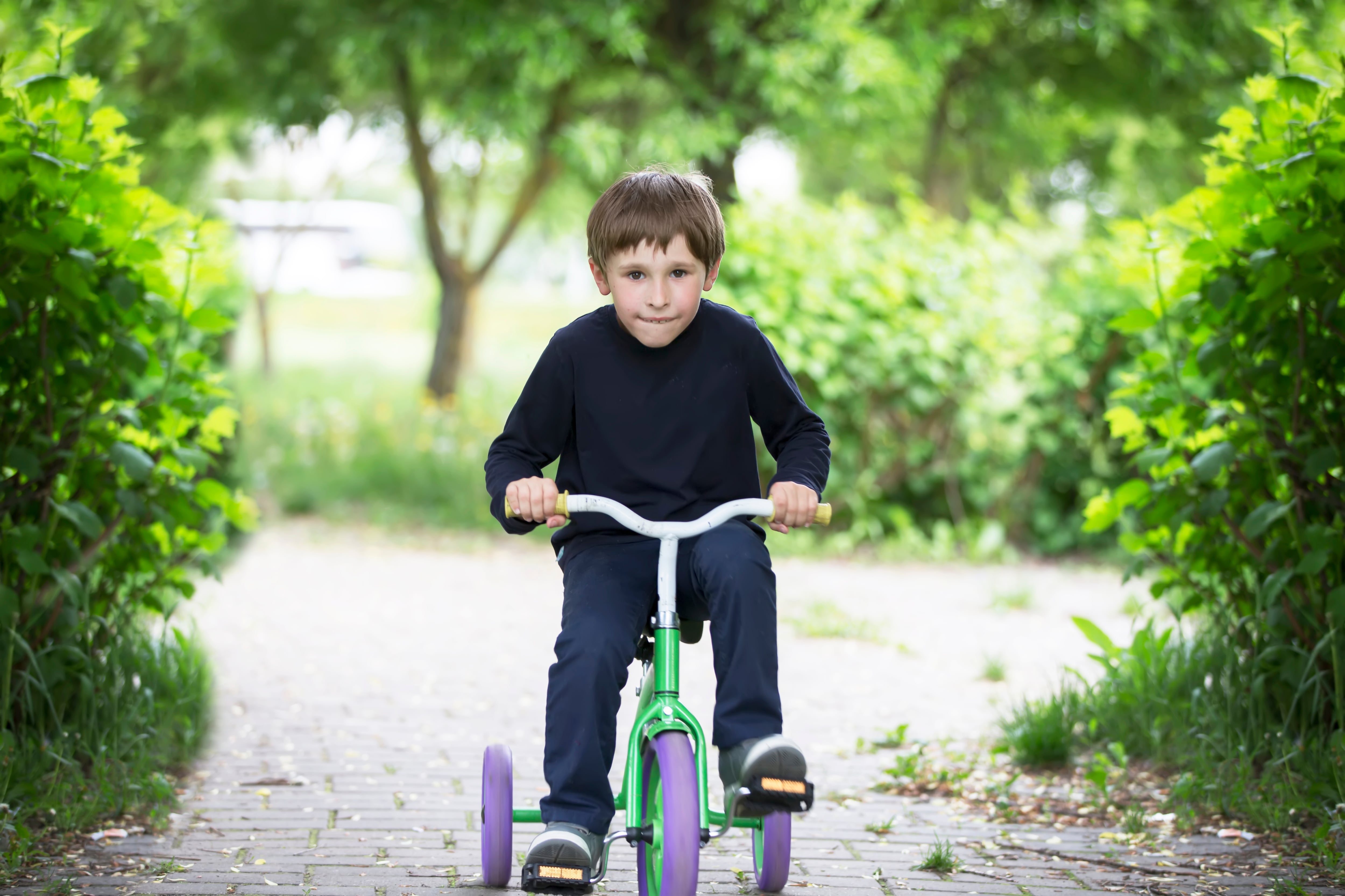 Niño en triciclo en zona verde