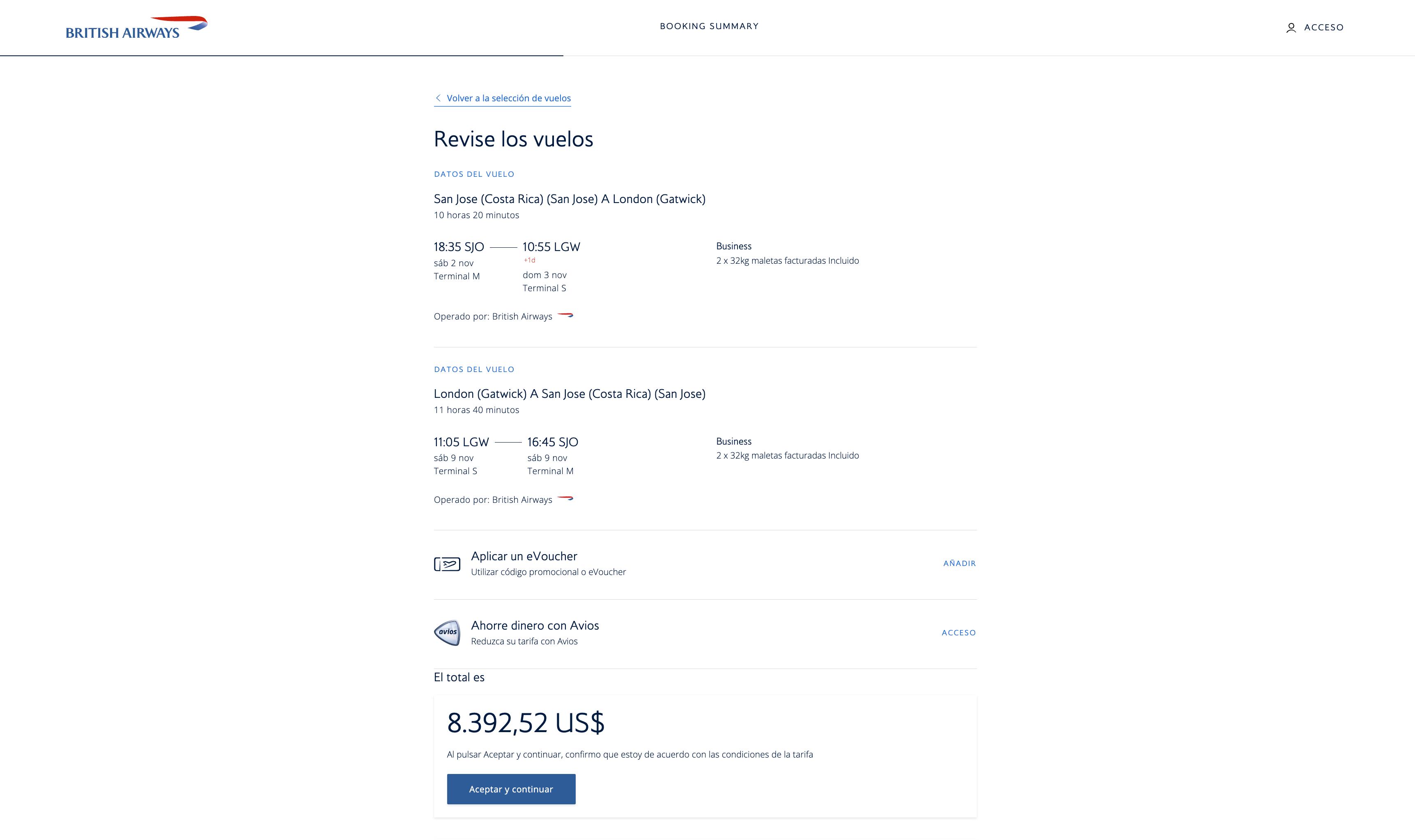 Costo al 17 de octubre, del itinerario del ministro de Turismo que irá a Londres en noviembre. El precio guarda las mismas condiciones y aerolínea, pero es más barato que el pagado por ICT en agosto. Fotografía: Captura pantalla.