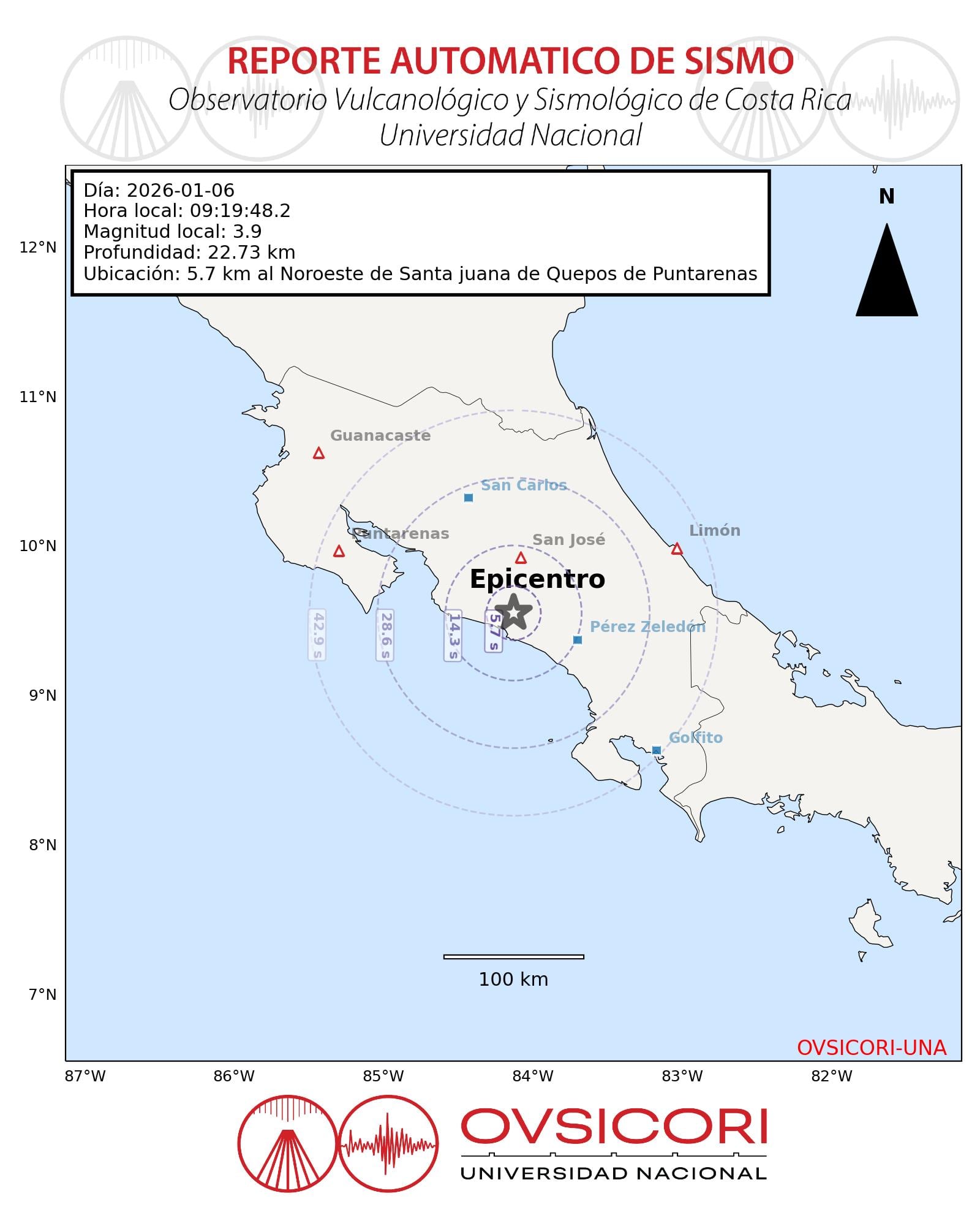 Un temblor de magnitud 3,9 se sintió en el Pacífico central este martes por la mañana. El epicentro se ubicó cerca de Santa Juana de Quepos.