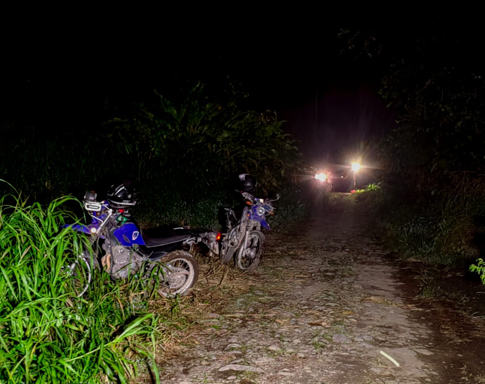Motocicletas de la Fuerza Pública en la escena del crimen en Sarapiquí, cerca de la frontera norte, donde un hombre fue hallado sin vida tras un violento ataque con arma blanca.