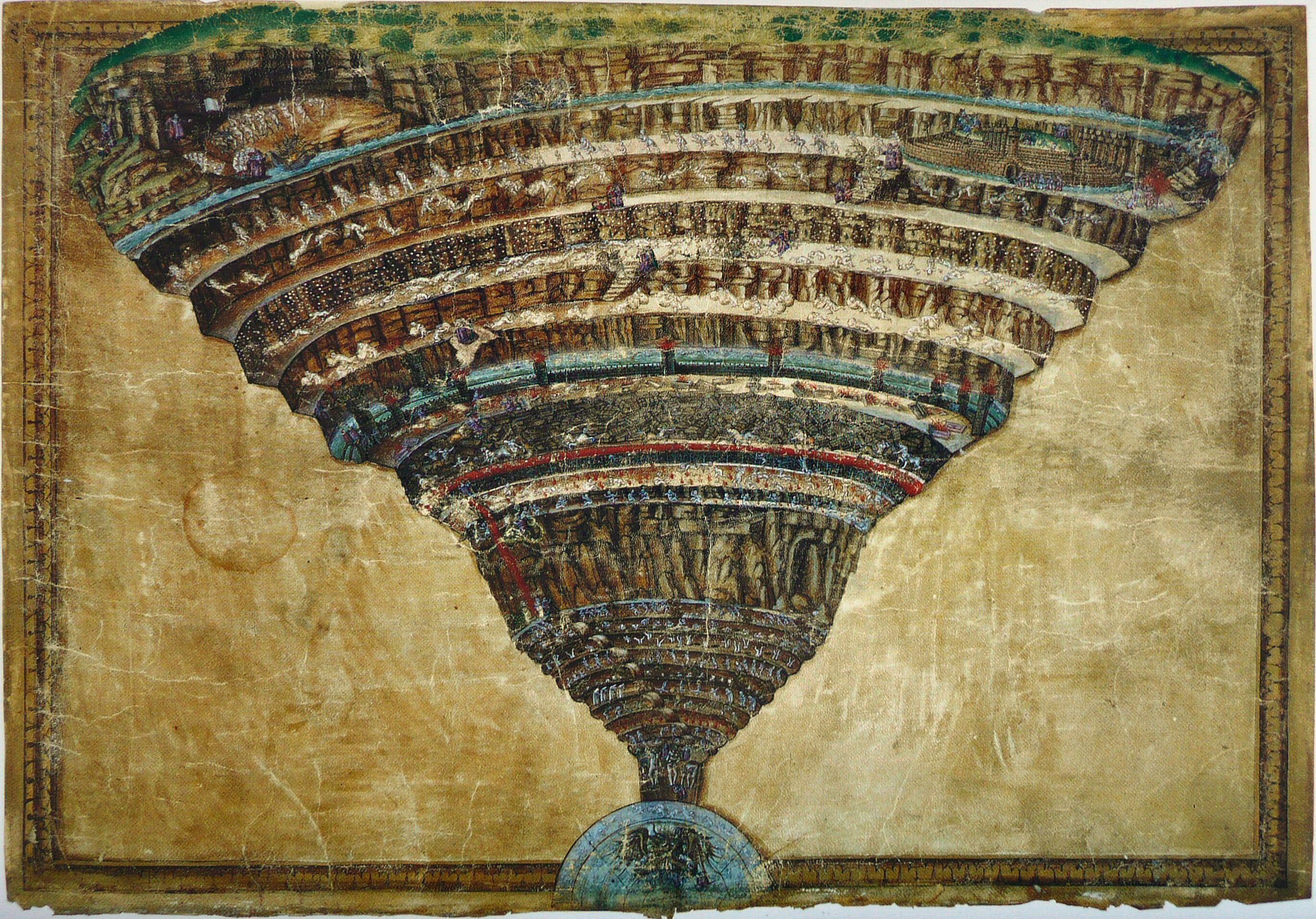La concepción del Infierno según Sandro Botticelli, obra realizada entre 1480 y 1490.