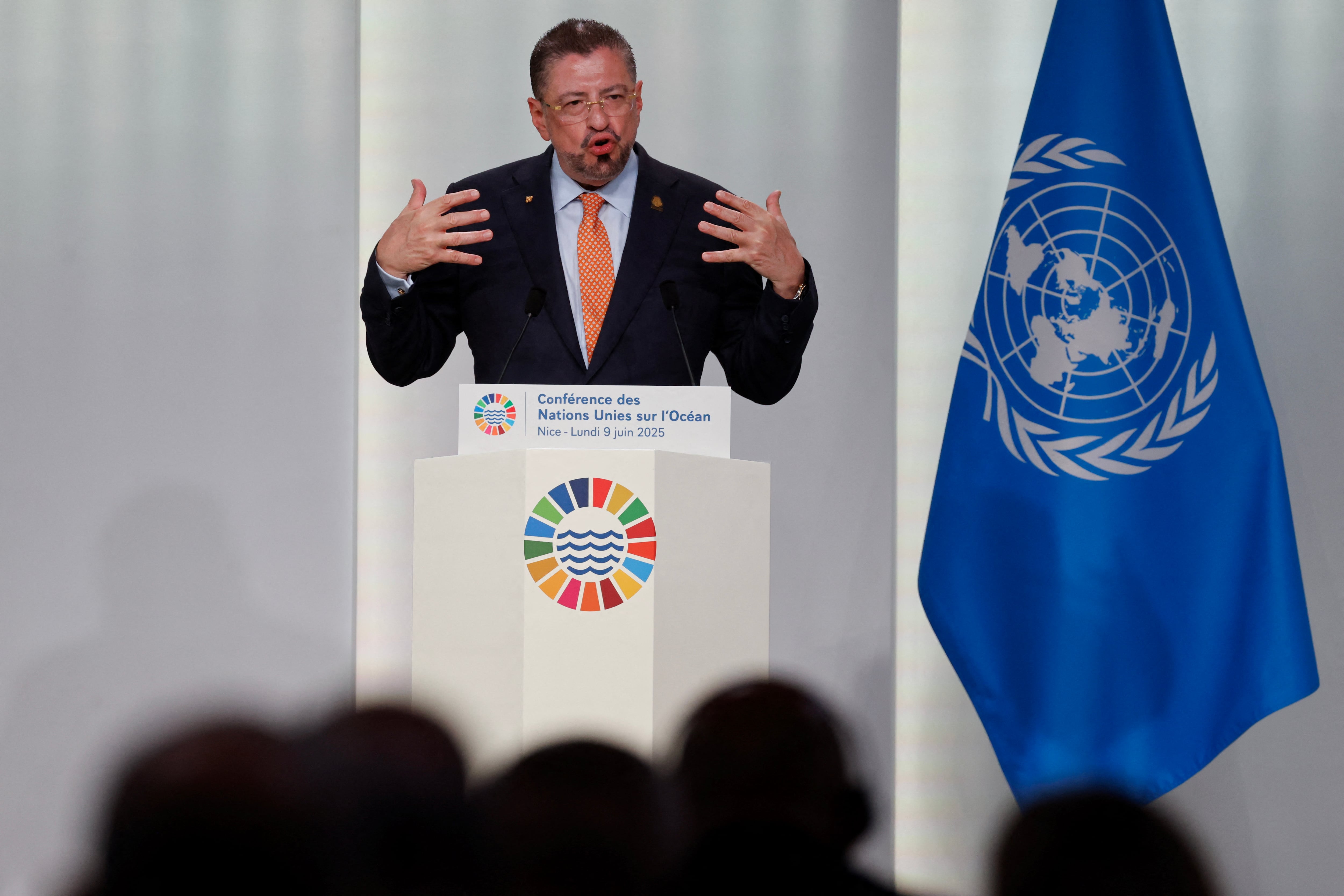 Costa Rica's President Rodrigo Chaves delivers remarks during the opening session of the third United Nations Oceans Conference (UNOC3) in the French Riviera city of Nice on June 9, 2025. A global summit on the dire state of the oceans kicks off on June 9, 2025 in France, with calls to ban bottom trawling and bolster protections for the world's overexploited marine areas. (Photo by Ludovic MARIN / AFP)