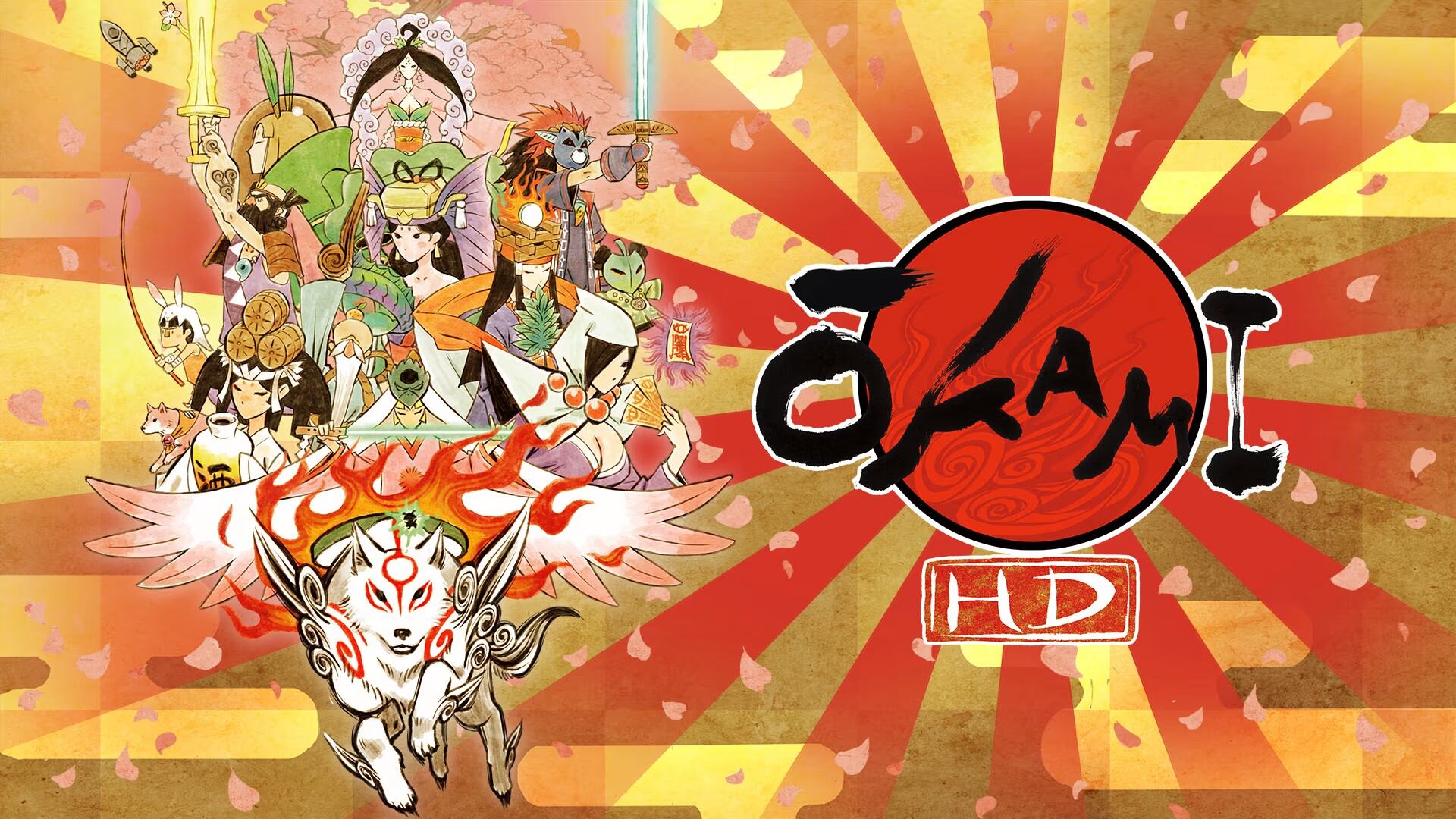 Ilustración del videojuego Okami HD que muestra a Amaterasu, la diosa lobo protagonista, rodeada de otros personajes en un fondo rojo con detalles japoneses tradicionales.