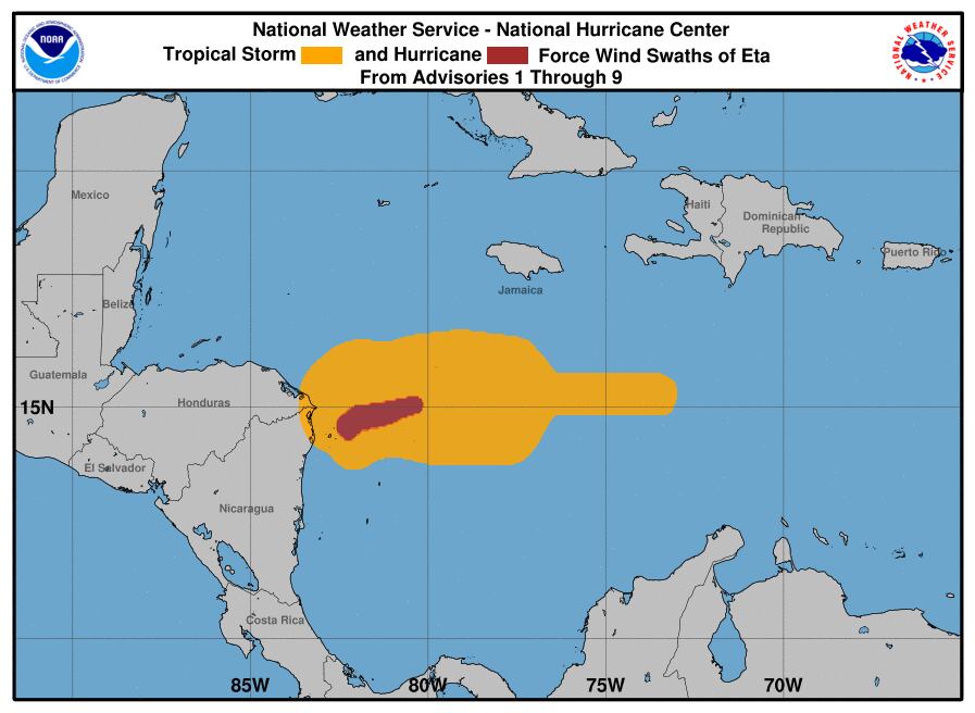 Historial de los vientos de Eta a las 3 p. m. del 2 de noviembre