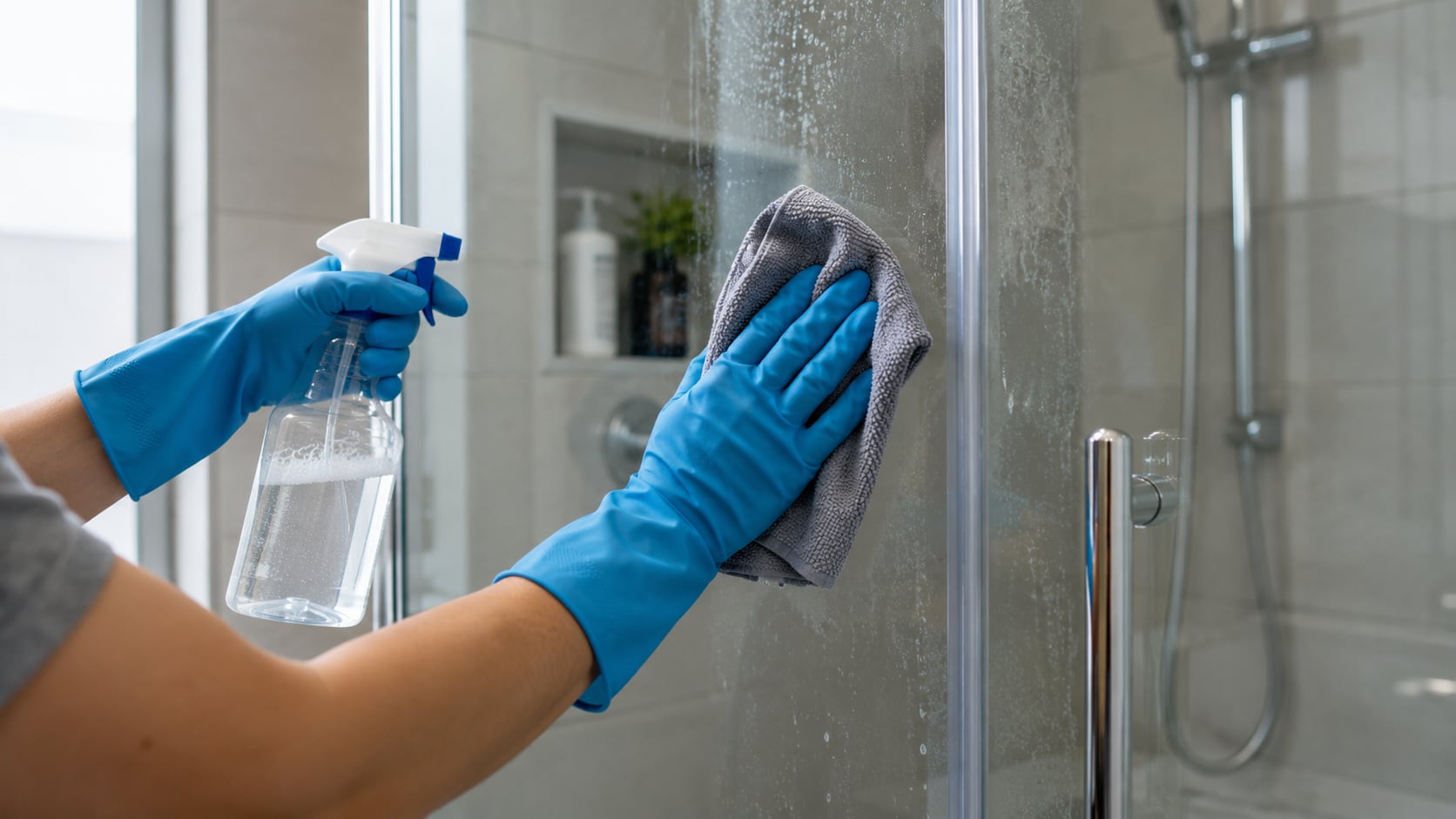 Vinagre, bicarbonato de sodio y otros productos pueden utilizarse para eliminar manchas y residuos en las puertas de vidrio de la ducha.