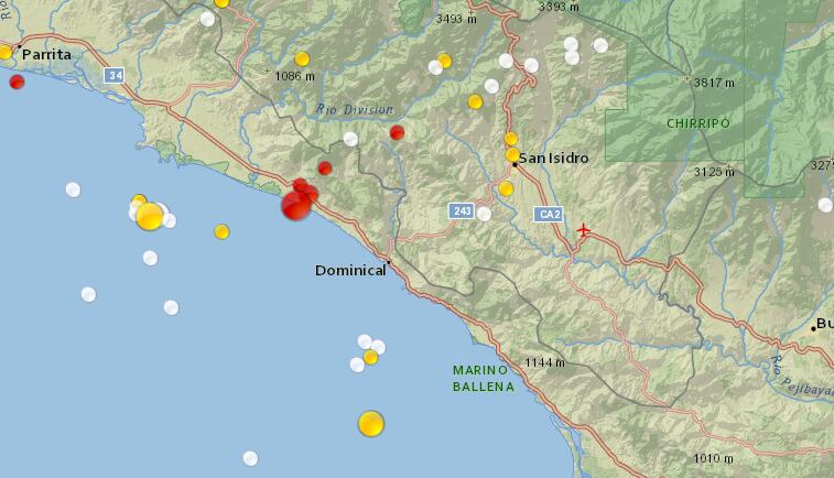 La zona entre Quepos y Dominical ha generado en lo que va del mes cuatro temblores sentidos en el Valle Central. Imagen: Ovsicori.