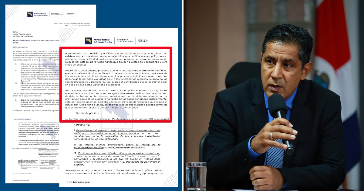 Nogui Acosta solicitó a la Dirección Jurídica del Ministerio de Hacienda un criterio legal sobre la póliza que el gobierno pretende contratar al INS para proteger al presidente Rodrigo Chaves y los ministros.