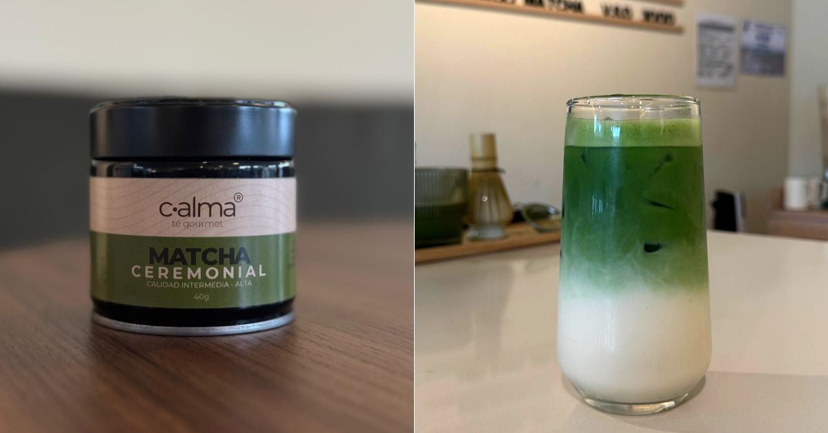 En la imagen el tarro de matcha ceremonial y un matcha preparado