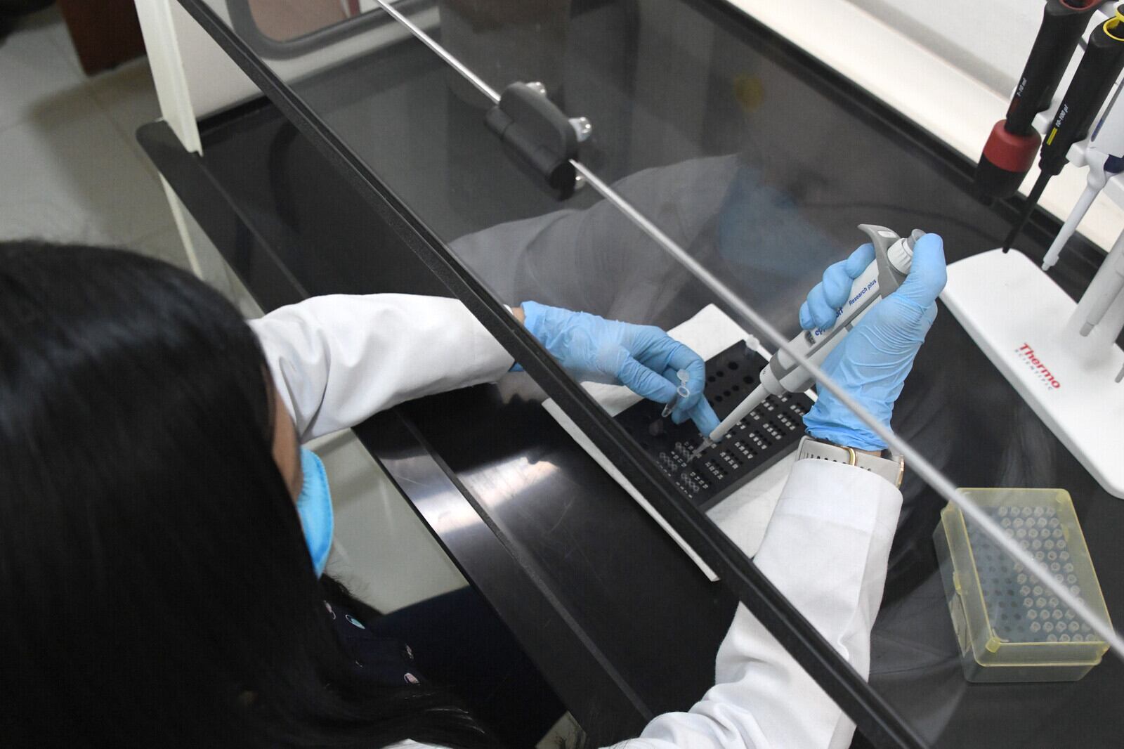 Una mujer a la que no se le ve la cara utiliza pipetas en laboratorio.