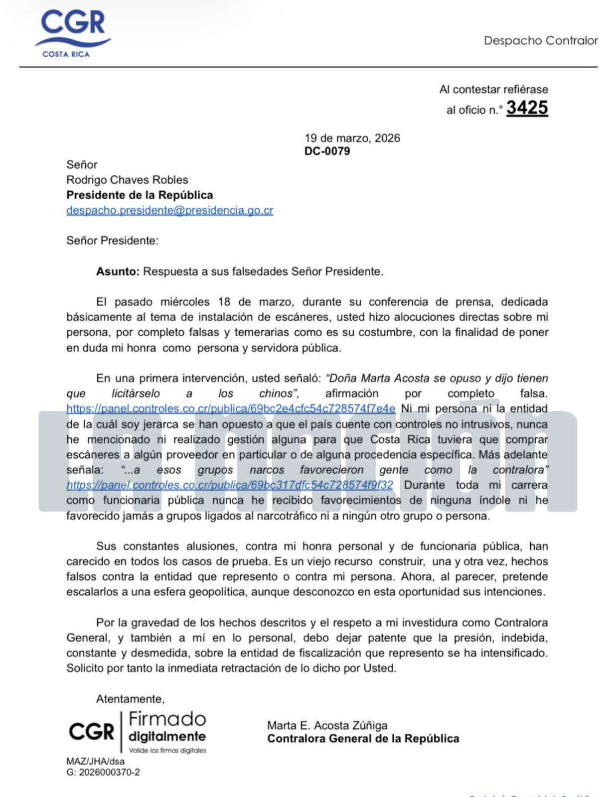 Carta de Marta Acosta a Rodrigo Chaves