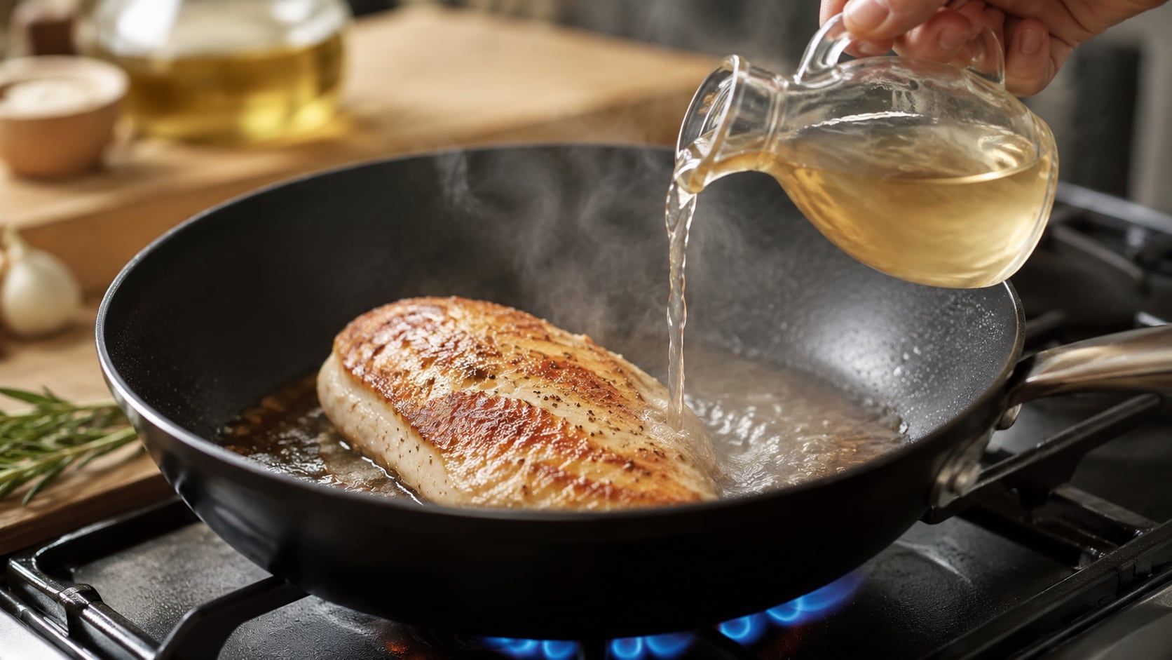 El ácido del vinagre de manzana actúa sobre las proteínas del pollo y mejora la textura de la pechuga al cocinarla.