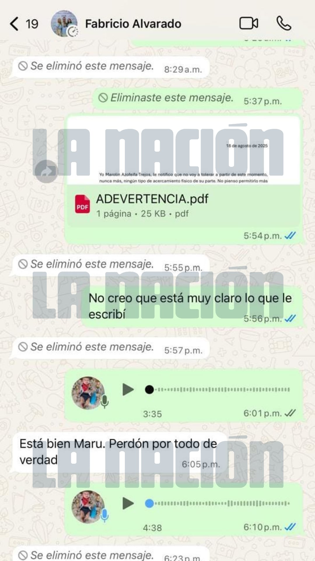 Captura de pantalla de WhatsApp donde consta que la exdiputada Marulin Azofeifa le envió una advertencia al legislador y excandidato presidencial Fabricio Alvarado, de Nueva República, por presuntas agresiones sexuales, el 18 de agosto del 2025.