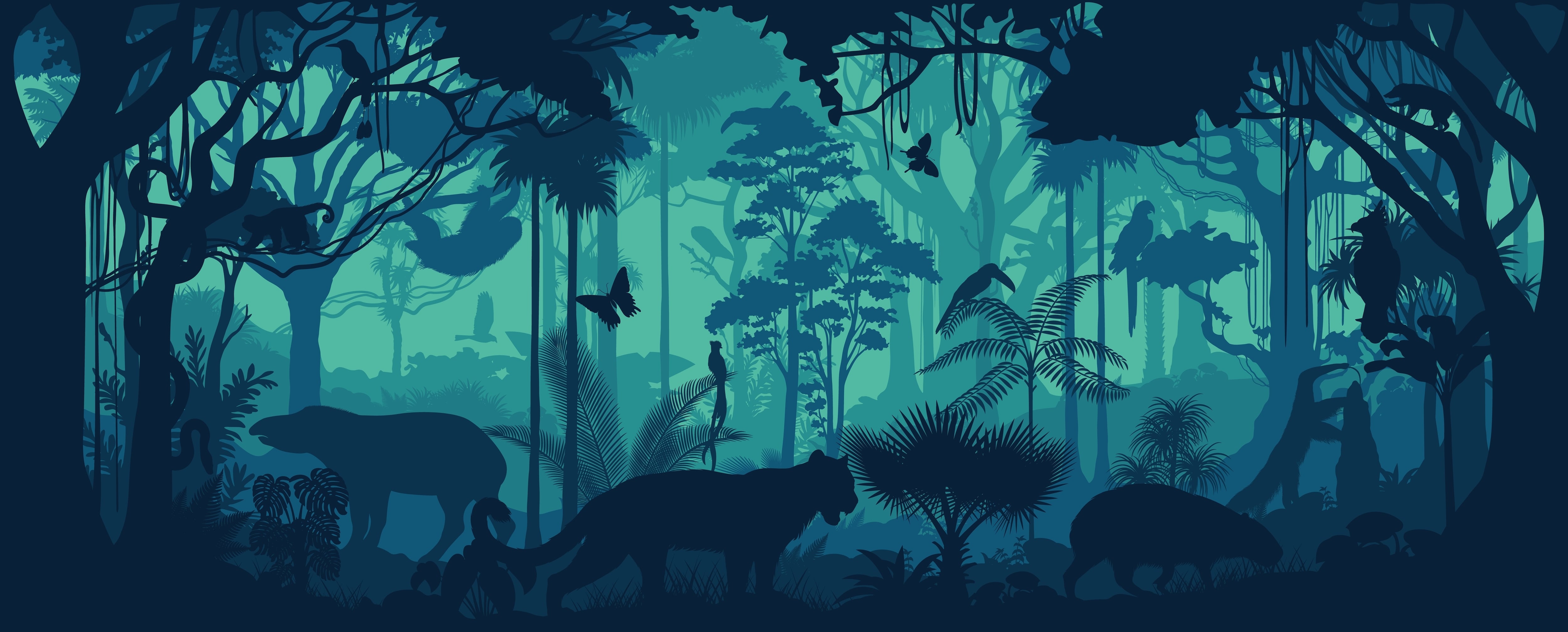 Ilustración de bosque con animales, jaguar y otros animales de la selva