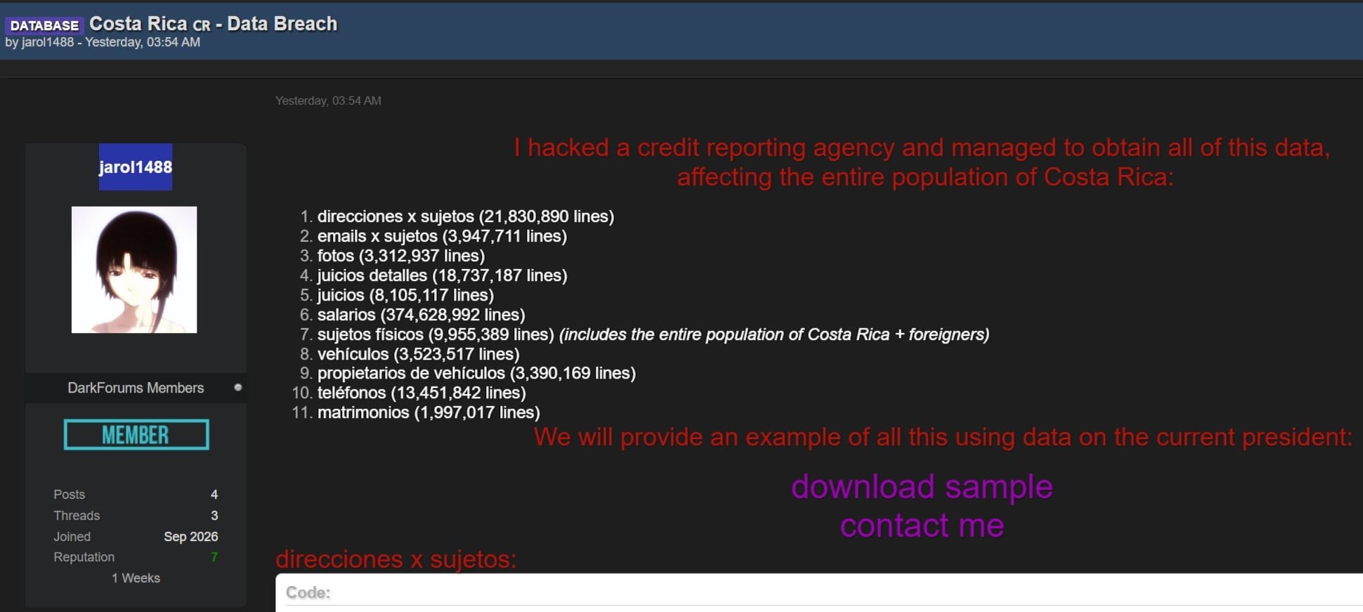 Esta es la publicación realizada por Jarol1488 en el foro DarkForums. 'La Nación' recortó la sección donde el atacante revela supuestos datos de la presidenta Laura Fernández.