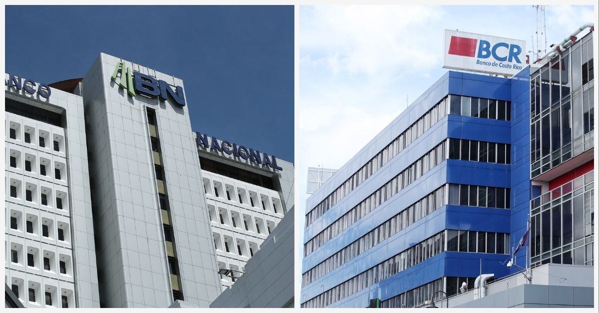 Fachadas del edificio principal Banco Nacional y el BCR en el centro de San José.
