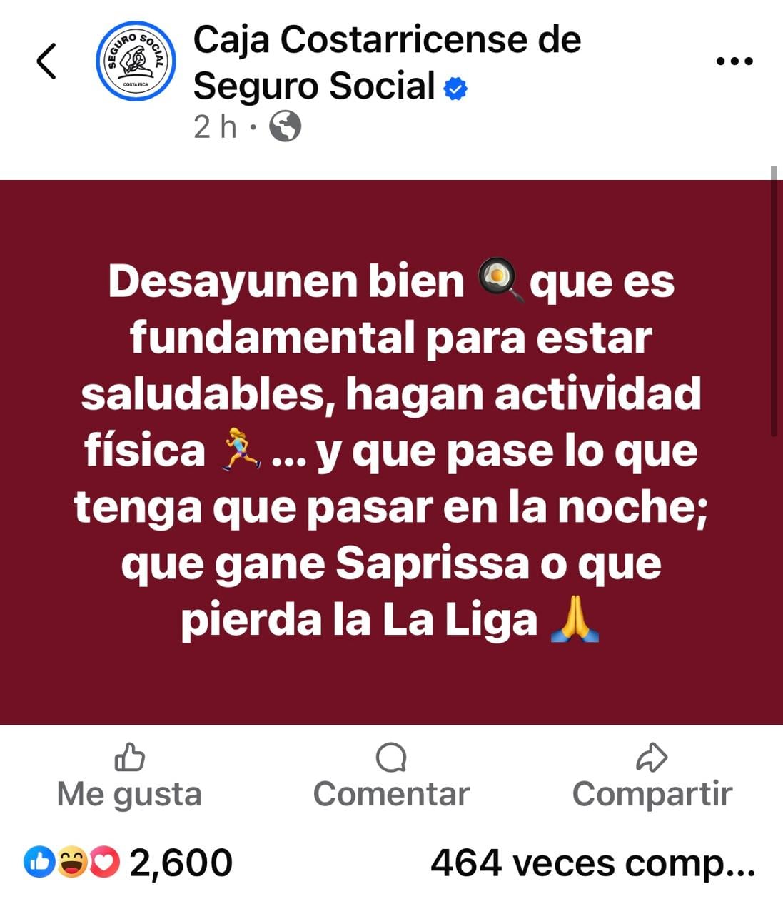La Caja Costarricense de Seguro Social hizo este posteo sobre el partido ente Alajuelense y Saprissa por la final de segunda fase.