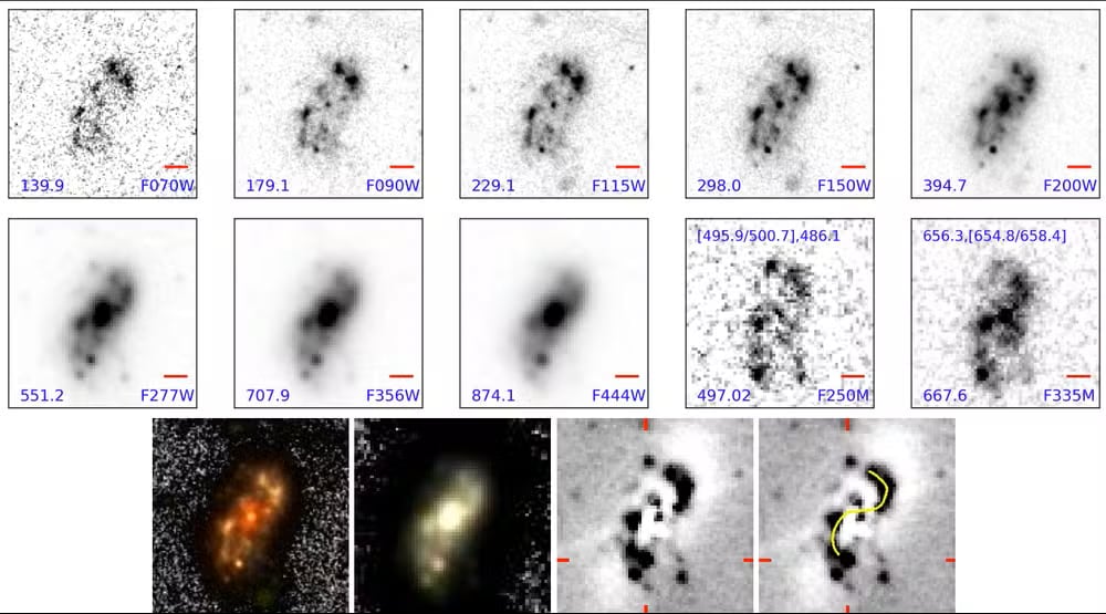 Imágenes de la galaxia Alaknanda, descubierta por científicos indios, a través de diferentes filtros.