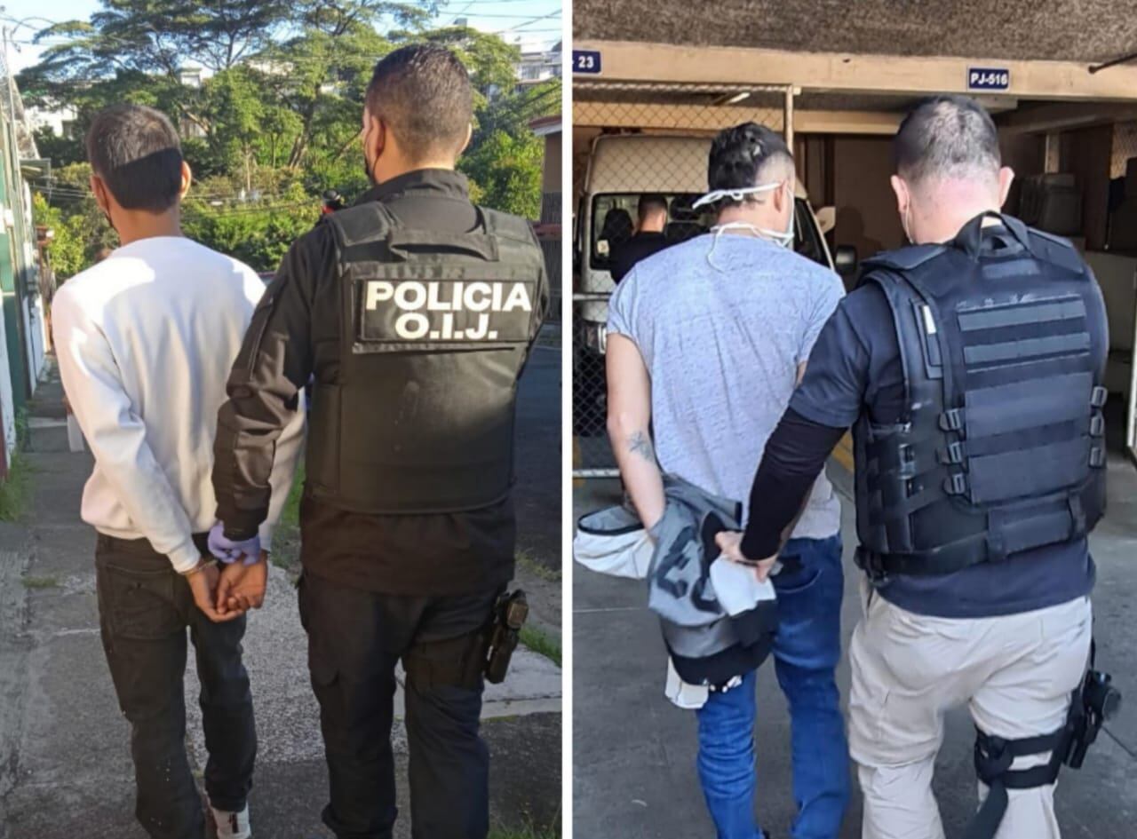 Estos dos sujetos, junto a un menor, fueron detenidos como sospechosos de disparar contra dos personas a las que contactaron para, supuestamente, comprarles el carro que vendían. Foto: Cortesía OIJ.