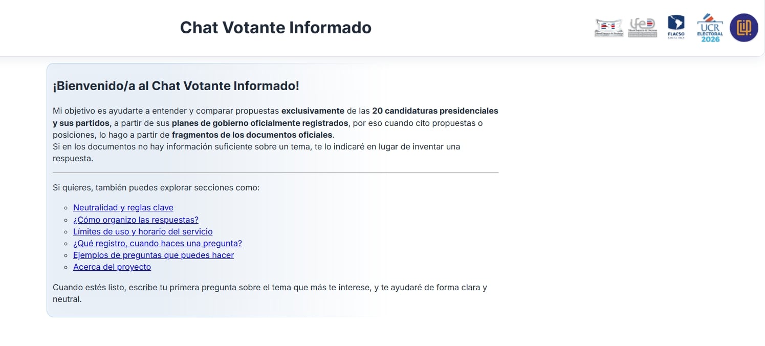 La pantalla de entrada del chat Votante Informado.