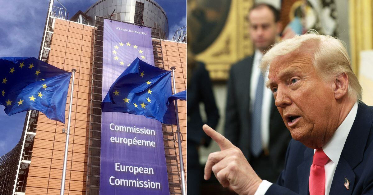 En la imagen la fachada de la Unión Europea y Donald Trump