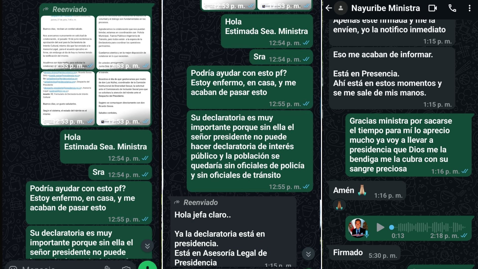 Captura de WhatsApp entre el excomisionado Ricardo Sossa y la exministra de Cultura Nayuribe Guadamuz, proporcionada por Sossa.