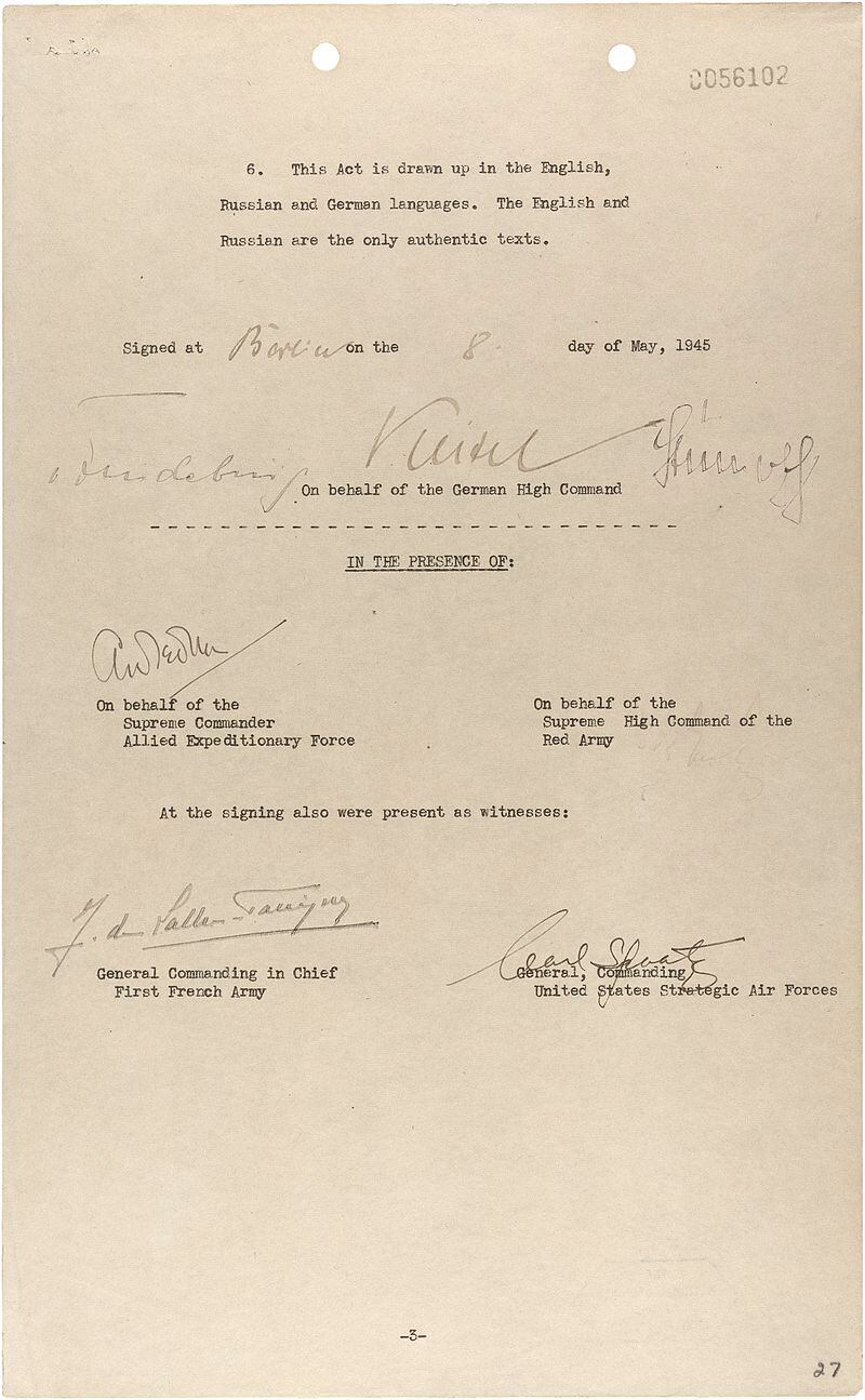 Tercera y última página del documento de la rendición alemana firmado en Berlín el 9 de mayo de 1945.