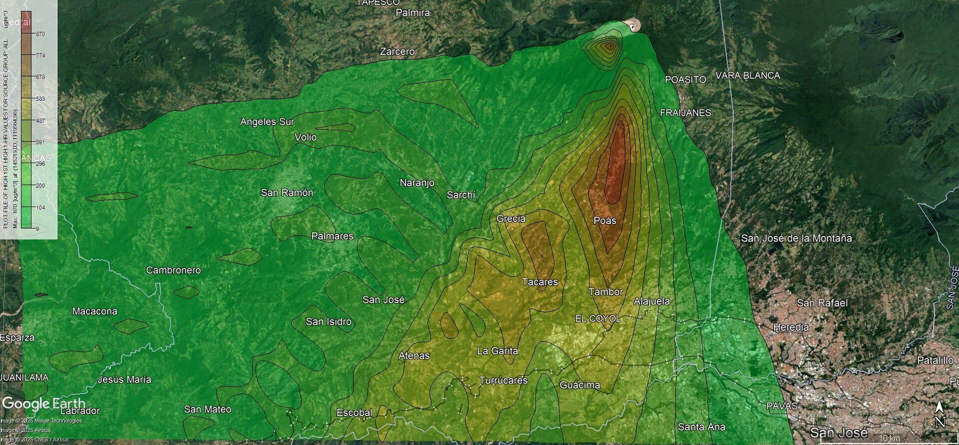 Sitios afectados por gases y cenizas del Poás. En rojo más afectación, en amarilla media y baja en verde, según mapas modelados por el Laboratorio de Química de la Atmósfera de la Escuela de Química y del Observatorio Vulcanológico y
Sismológico de Costa Rica de la UNA.