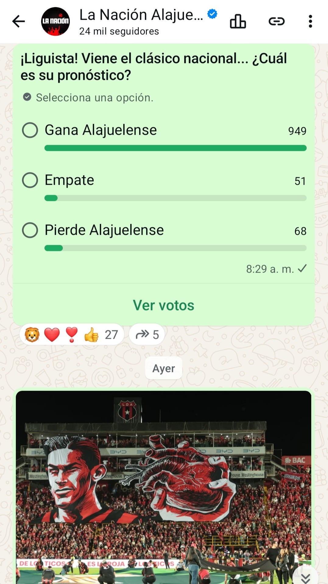 Este es el resultado de una consulta formulada en el canal de WhatsApp La Nación Alajuelense sobre el clásico nacional.