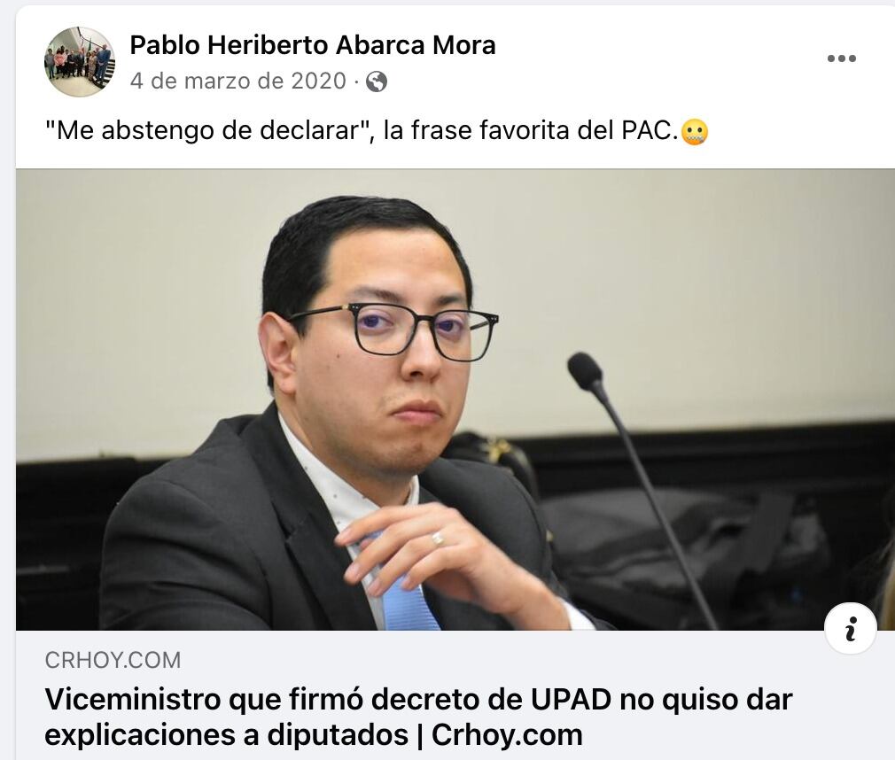 Pablo Heriberto Abarca, actual embajador de Costa Rica en México, criticó cuando era diputado del PUSC, cuando el viceministro, Luis Daniel Soto, se abstuvo de declarar por el caso UPAD, sin embargo, este jueves él también se abstuvo en su comparecencia ante la Asamblea Legislativa.
