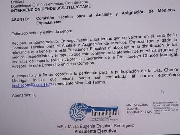 Presidenta de CCSS propone a Joselyn Chacón en comisión que analiza asignación de médicos especialistas.