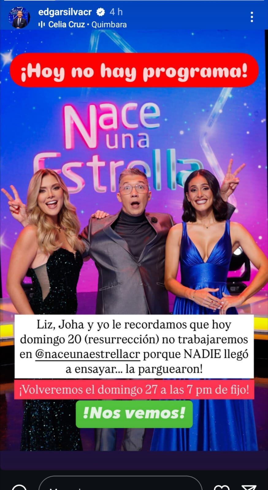 El post de Instagram con que Édgar Silva bromeó con la suspensión de 'Nace Estrella', este domingo 20 de abril.