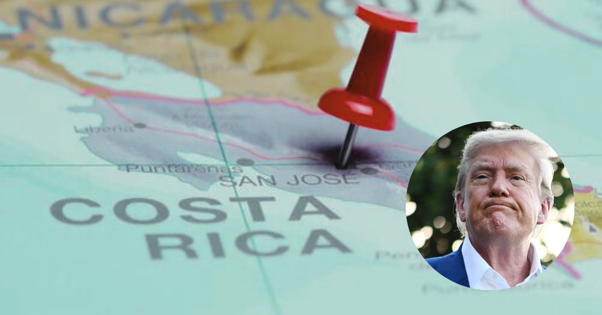 Fotocomposición del mapa de Costa Rica con el rostro del expresidente Donald Trump, que representa el impacto de las tarifas arancelarias de Estados Unidos sobre las exportaciones costarricenses y las relaciones comerciales bilaterales.