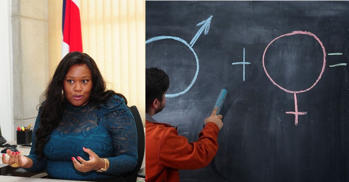 Una composición de dos imágenes. A la izquierda, Angie Cruickshank, defensora de los habitantes. A la derecha, un joven de espaldas, ante una pizarra, frente a los signos masculino y femenino.