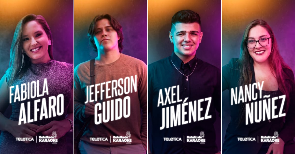 Fabiola Alfaro de 30 años, Jefferson Guido de 26y Axel Jiménez de 26 y Nancy Núñez de 20 son karaokeros que lucharán por el premio de la noche.
