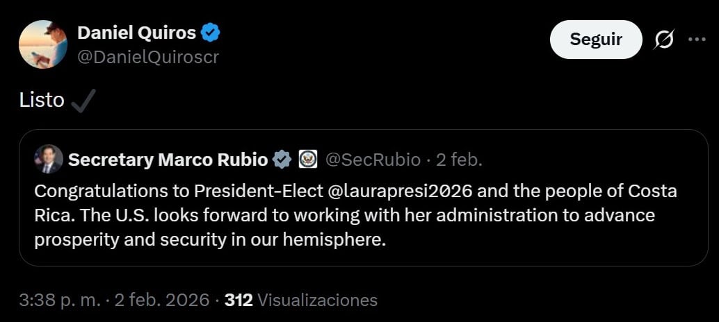 Así respondió Quirós a la publicación en la que Marco Rubio felicitó a Fernández por su triunfo.