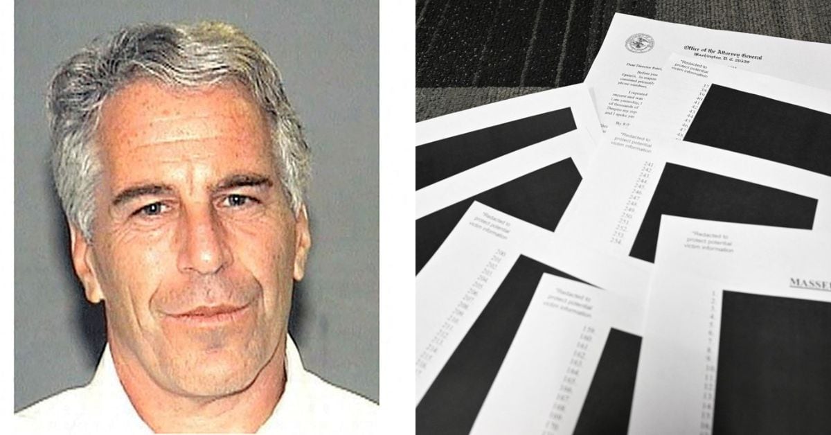 Una composición de imágenes. A la izquierda, Jeffrey Epstein. A la derecha, varios documentos.