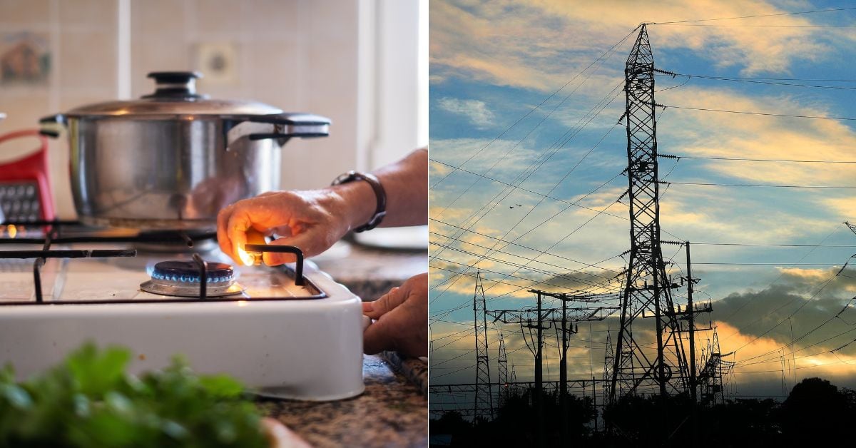 En la imagen, una cocina de gas a la izquierda y una torre de luz a la derecha.