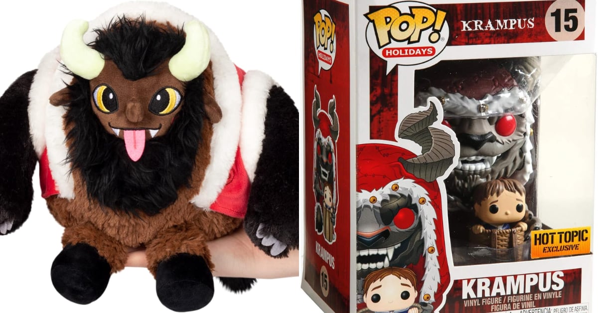 Peluche café de Krampus con cuernos y figura de Funko Pop en caja temática navideña.