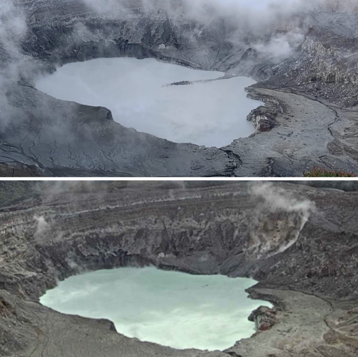 Las fuertes precipitaciones de los últimos dias, superan la cantidad de agua que se evapora y se infiltra en la laguna del Poás, que ya tapó las rocas lanzadas por la fumarola norte el 6 de abril. Foto: Dennis Chavarría y Ovsicori.