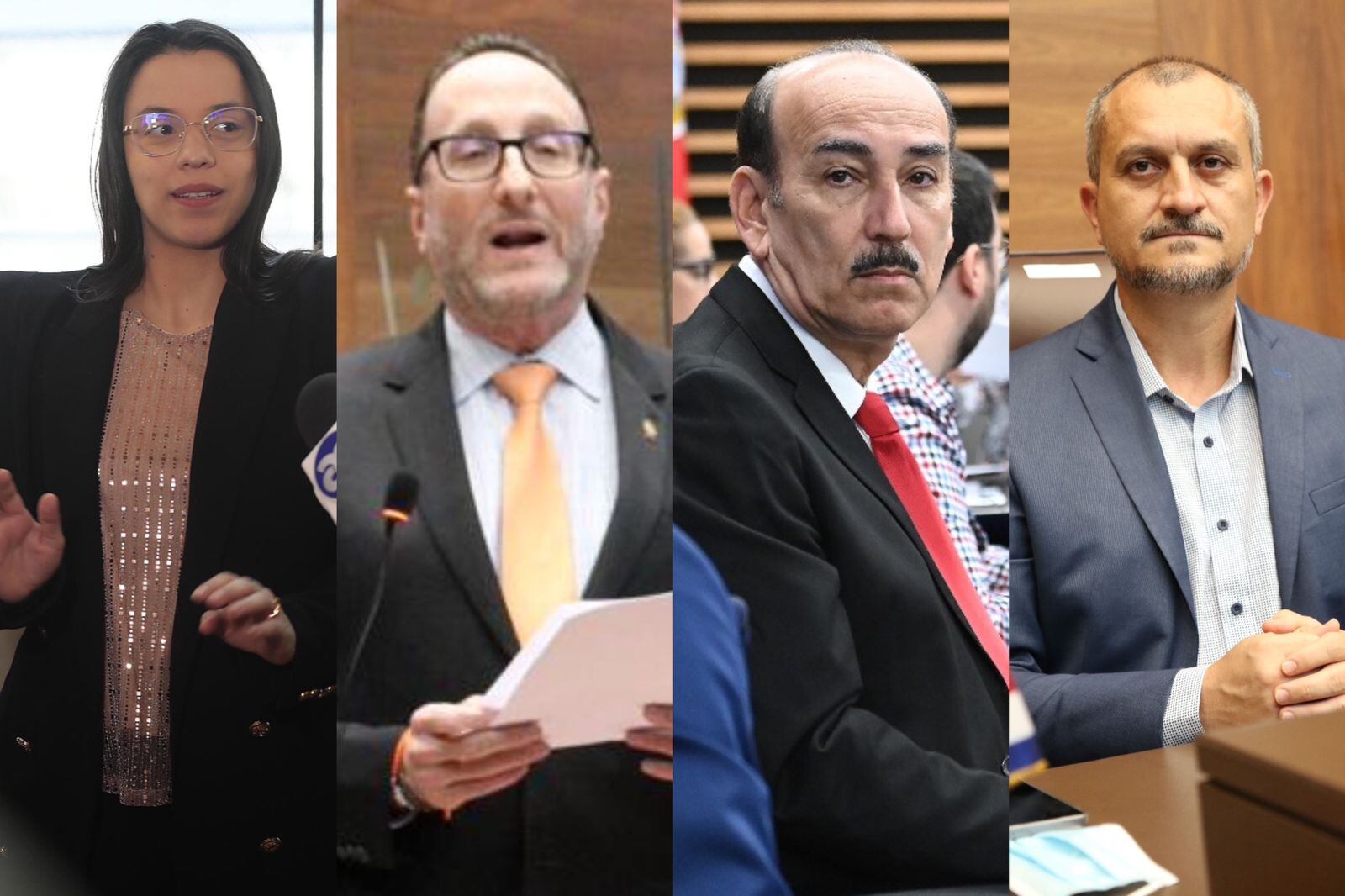 En orden los congresistas Sofía Guillen, Eli Feinzaig, Francisco Nicolás y Daniel Vargas, quienes este miércoles intercambiaron acusaciones por el debate sobre la rebaja del marchamo