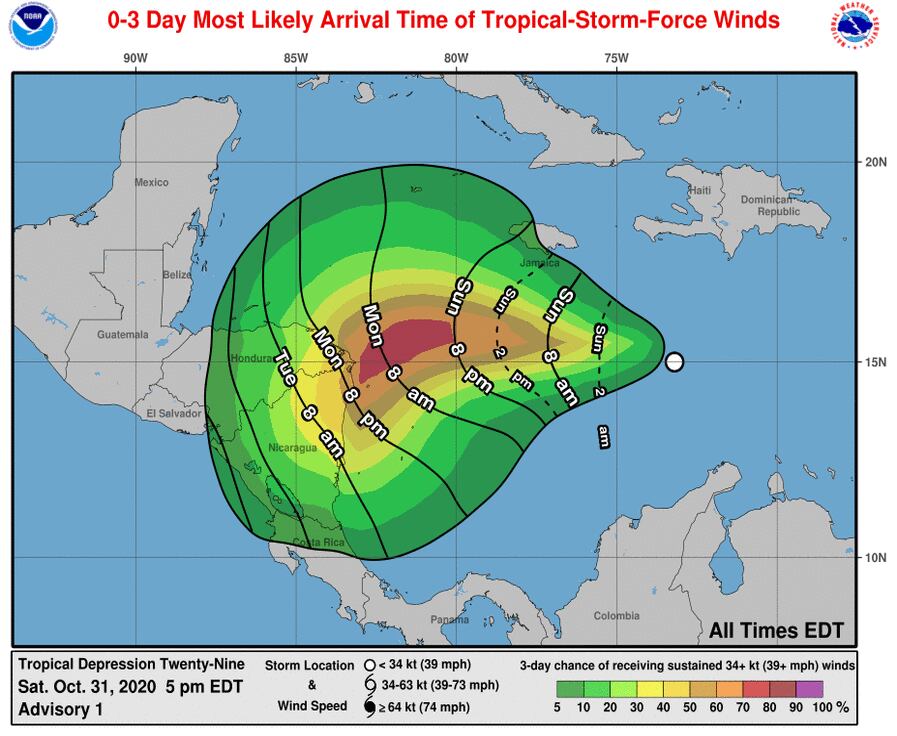 El Centro Nacional de Huracanes afirma que el ciclón podría pasar a ser la tormenta tropical Eta en cuestión de días y el eje estaría entre Nicaragua y Honduras. Imagen: Centro Nacional de Huracanes.