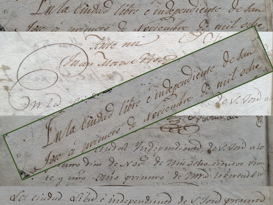 Ilustración del acta de San José cuyo encabezado reza: "En la ciudad libre e independiente de San José".