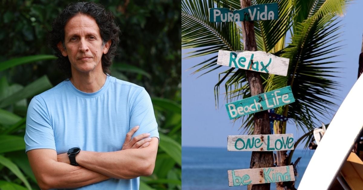 Izquierda: primer plano de Jaime Gamboa con los brazos cruzados; Derecha: rótulos de madera en inglés clavados en un árbol de una playa de Costa Rica.