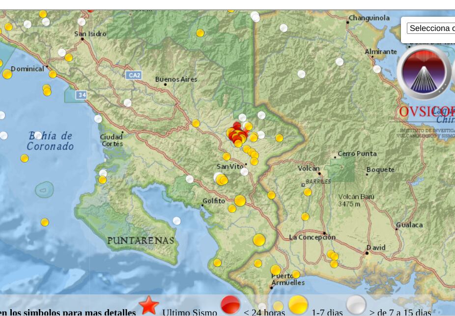La secuencia sísmica al norte de San Vito de Coto Brus sigue activa. Este miércoles a las 8:15 a.m. hubo un sismo de 2,5 y el martes en la tarde uno superior a 4. Imagen: Ovsicori.