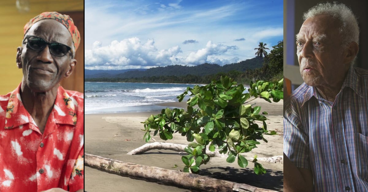 Retratos de Walter Ferguson y Donald Williams junto a una imagen del Parque Nacional Cahuita, en homenaje al calipso limonense con la nueva moneda coleccionable de ₡100 del Banco Central de Costa Rica.