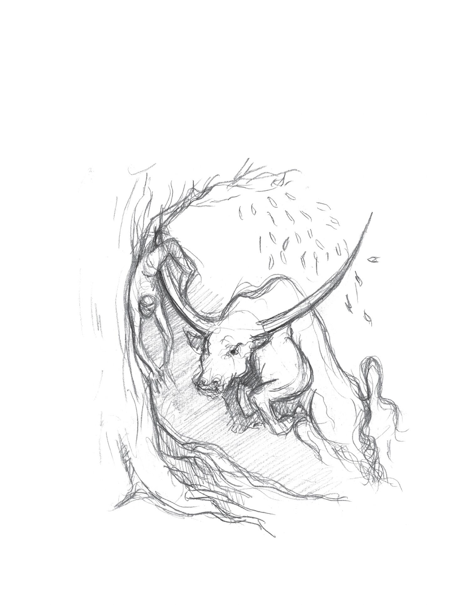 Ilustración de Aquiles Jiménez para el cuento 'Duén y las vacas bravas' en su libro 'Sombras de la memoria'.