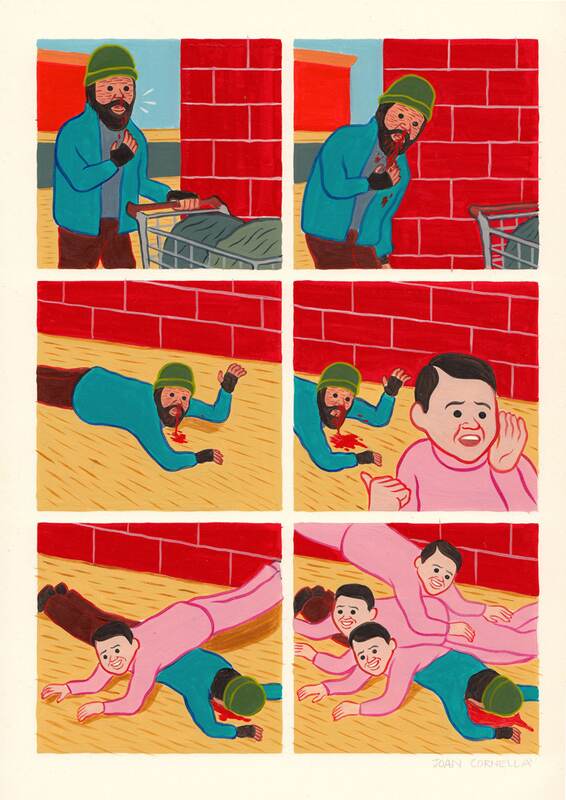 Arriba, la ilustración Homeless ; a la derecha, QOOL , una acuarela. Joan Cornellà fue el primer expositor del FID 2015.